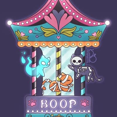 A stylized cute carousel with the Halloween boop cats on their own carousel poles. The ghost cat is on the left reaching down towards the mummy cat in the middle reaching up towards the the skeleton cat on the right reaching across back towards the ghost cat. In neon, the word 'Boop' is displayed on the bottom of the structure accompanied by a pumpkin vine filigree design and string of heart lights. The top of the carousel is intricately designed with more strings lights across the canopy and floral filigrees.