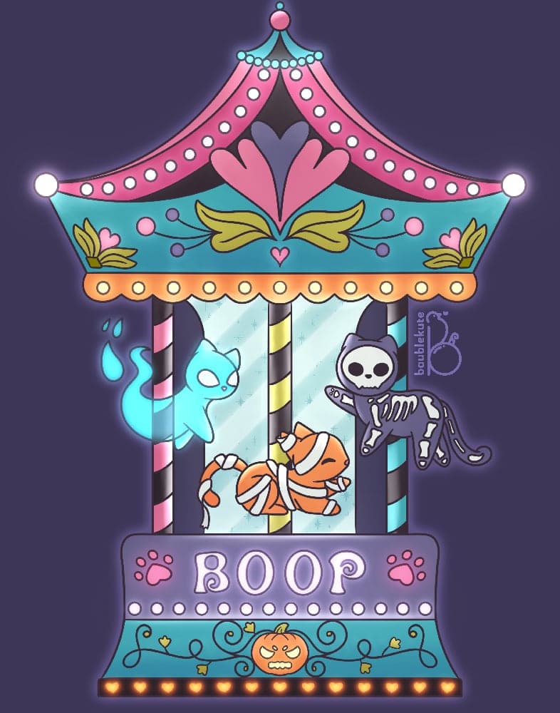 A stylized cute carousel with the Halloween boop cats on their own carousel poles. The ghost cat is on the left reaching down towards the mummy cat in the middle reaching up towards the the skeleton cat on the right reaching across back towards the ghost cat. In neon, the word 'Boop' is displayed on the bottom of the structure accompanied by a pumpkin vine filigree design and string of heart lights. The top of the carousel is intricately designed with more strings lights across the canopy and floral filigrees.