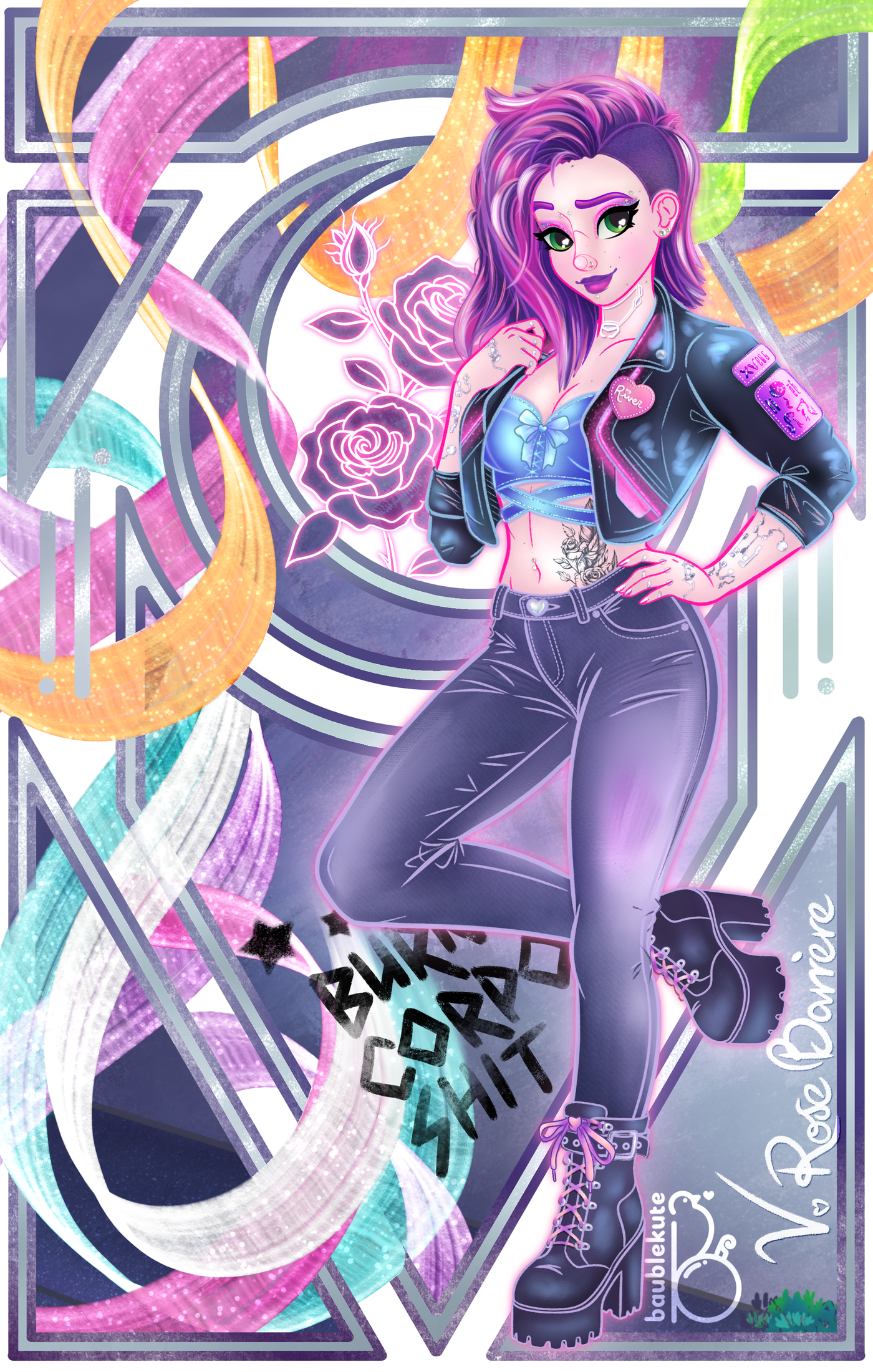 A stylized digital painting by artist Baublekute of femme V from the Cyberpunk 2077 video game. A customized version of the character, Valerie Rose Barerre, is leaning against a cement wall, propping one foot against the surface. She gives the viewer a wry grin, resting a hand on a hip while the other tugs at the collar of a neon-embellished leather jacket. With a slight downward tilt of her head, the purple and magenta hair from a half-shaved-style falls away. Her outfit also includes a cute powder blue corset top, purple denim pants, and heeled leather boots. A modern cyberpunk-inspired art nouveau frame defines the fuller composition, with colorful aerial-silk ribbons weaving in and out of the geometric shapes. The center crescent moon shape frames V's upper body and from the empty space emerges glowing pink roses. Below her is some graffiti reading "Burn Corpo Shit" and her own name written sideways as "V. Rose Barrère". Some extra details found on her jacket include a heart-shaped pin, with the name of her romance, "River" and an arm patch of a simplified tarot card representing The Moon.