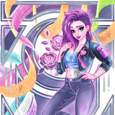 A stylized digital painting by artist Baublekute of femme V from the Cyberpunk 2077 video game. A customized version of the character, Valerie Rose Barerre, is leaning against a cement wall, propping one foot against the surface. She gives the viewer a wry grin, resting a hand on a hip while the other tugs at the collar of a neon-embellished leather jacket. With a slight downward tilt of her head, the purple and magenta hair from a half-shaved-style falls away. Her outfit also includes a cute powder blue corset top, purple denim pants, and heeled leather boots. A modern cyberpunk-inspired art nouveau frame defines the fuller composition, with colorful aerial-silk ribbons weaving in and out of the geometric shapes. The center crescent moon shape frames V's upper body and from the empty space emerges glowing pink roses. Below her is some graffiti reading "Burn Corpo Shit" and her own name written sideways as "V. Rose Barrère". Some extra details found on her jacket include a heart-shaped pin, with the name of her romance, "River" and an arm patch of a simplified tarot card representing The Moon.